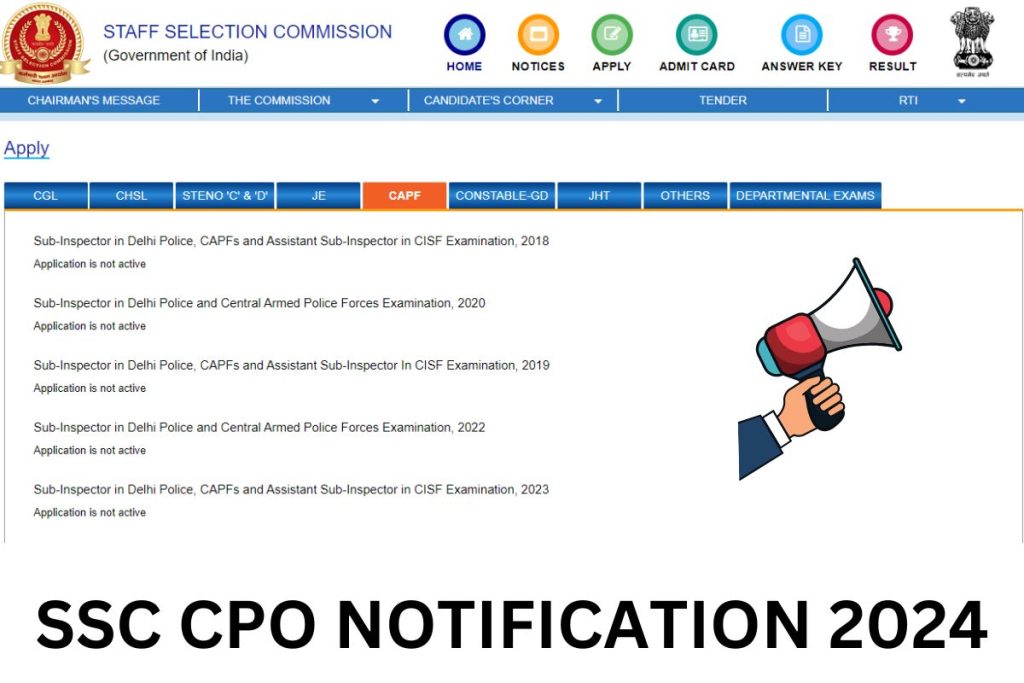 SSC CPO Notification 2024, Eligibility & Application Form